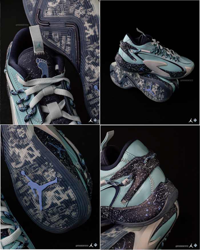 A detailed look at the UNC Tar Heels' blue and white Jordan Luka sneakers.